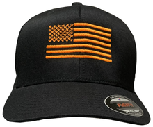 Load image into Gallery viewer, American Flag Stretch Fit Hat - Safety Orange on Black